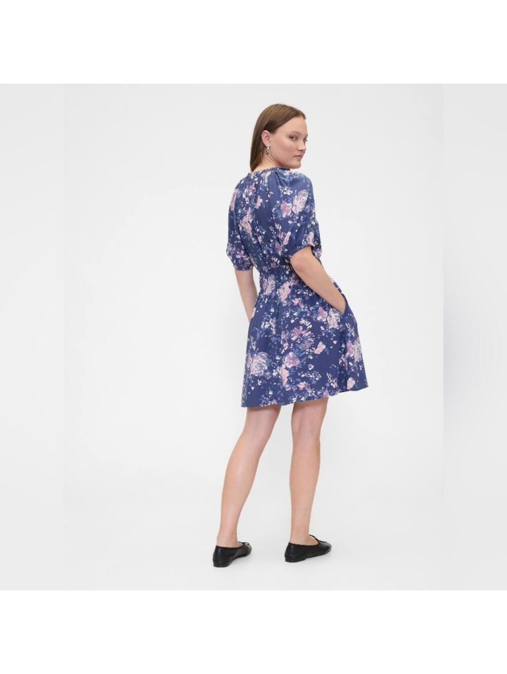 NWOT Gap Relaxed Smocked Splitneck Mini Dress blue pink Floral LP petite - Picture 2 of 4